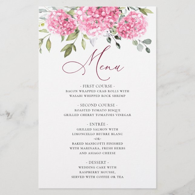 Elégant Pink Hydrangea Floral Mariage Diner Menu (Devant)