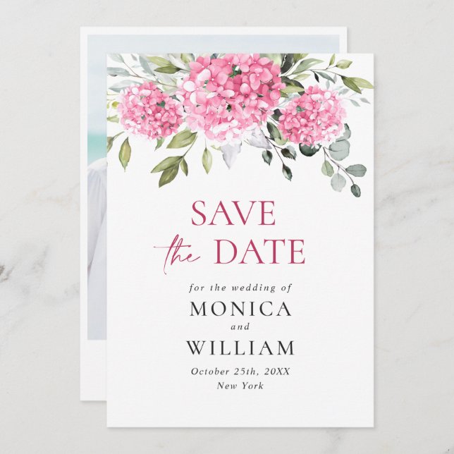 Elegant Pink Hydrangea Floral Wedding Photo Save The Date (Front/Back)