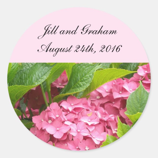 Elegant Pink Hydrangea Save the Date Classic Round Sticker (Front)