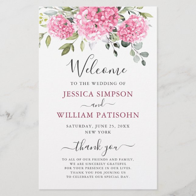 Elegant Pink Hydrangea Wedding Ceremony Program (Front)