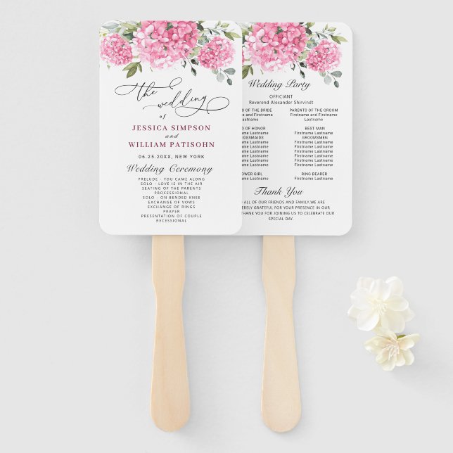 Elegant Pink Hydrangea Wedding Ceremony Program Hand Fan (Front and Back)