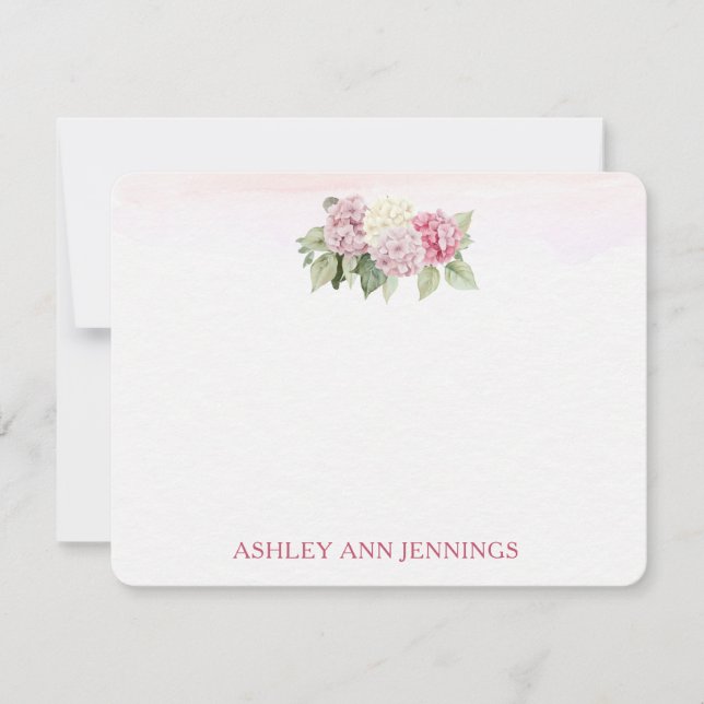 Elegant Pink Hydrangeas Personalized Stationery Card (Front)