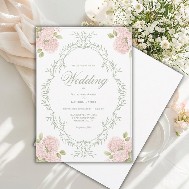 Elegant Pink Hydrangeas Vintage Wedding Invitation (Creator Uploaded)