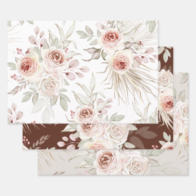 Elegant Pink Ivory Boho Floral Roses Greenery Wrapping Paper Sheet (Set)