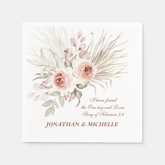 Elegant Pink Ivory Boho Floral Wedding Bible Verse Napkin (Front)