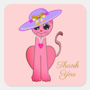 Elegant pink kitty cat on coral pink Thank You Square Sticker