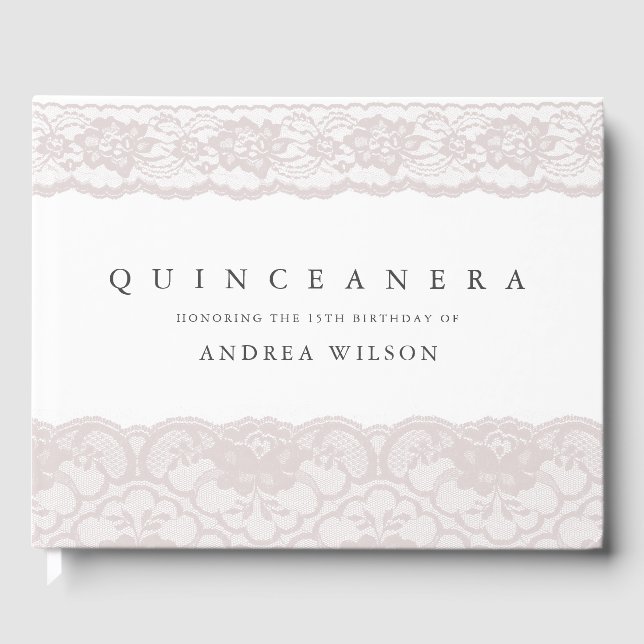 Elegant Pink Lace Quinceanera 15th Birthday Party Guest Book (Front)