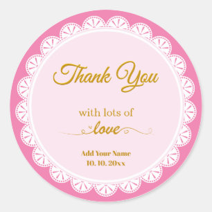 Elegant  Pink Lace "Thank You With Lots of Love"  Classic Round Sticker