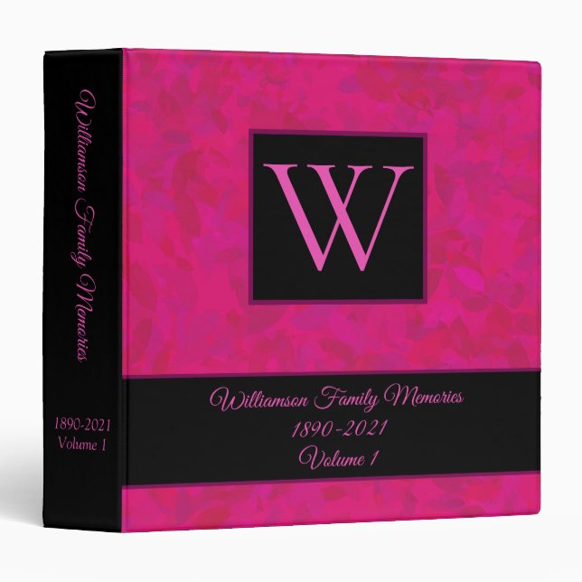 Elegant Pink Leaf Monogram Family Scrapbook Album Binder (Front/Spine)