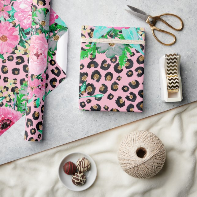 Elegant Pink Leopard Print and Floral Design Wrapping Paper (Crafts)