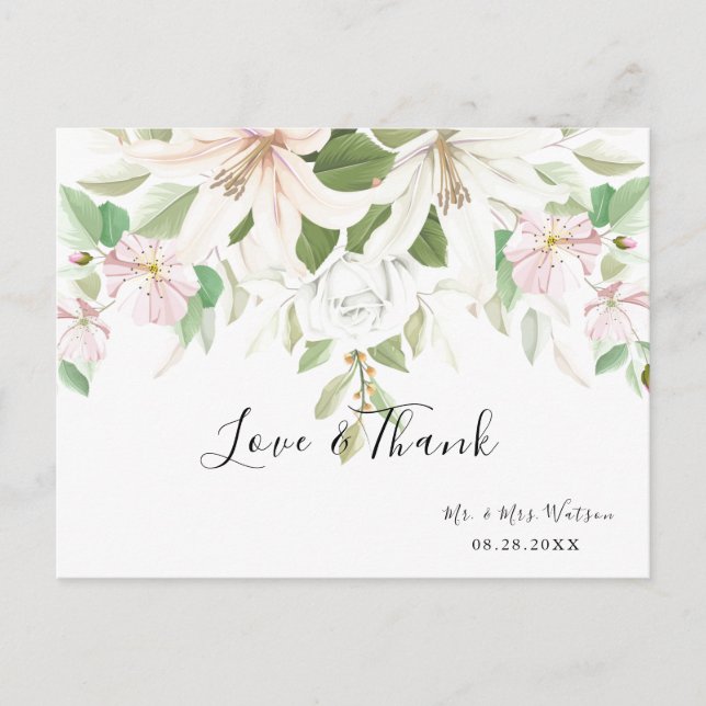 Elegant Pink Lili | Ivory Rose Floral Thank You Postcard (Front)