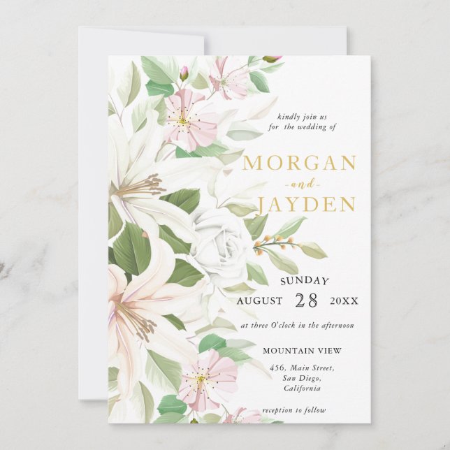 Elegant Pink Lili | Ivory Rose Floral Wedding Invitation (Front)