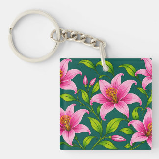 Elegant Pink Lily Floral with Green Foliage Keychain