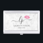 Elegant pink lips handwritten script calligraphy business card holder<br><div class="desc">Beautiful and modern design featuring pink watercolor lips and elegant calligraphy font on a white marble background.</div>
