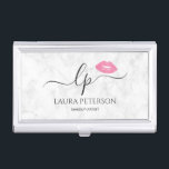 Elegant pink lips handwritten script calligraphy business card holder<br><div class="desc">Beautiful and modern design featuring pink watercolor lips and elegant calligraphy font on a white marble background.</div>