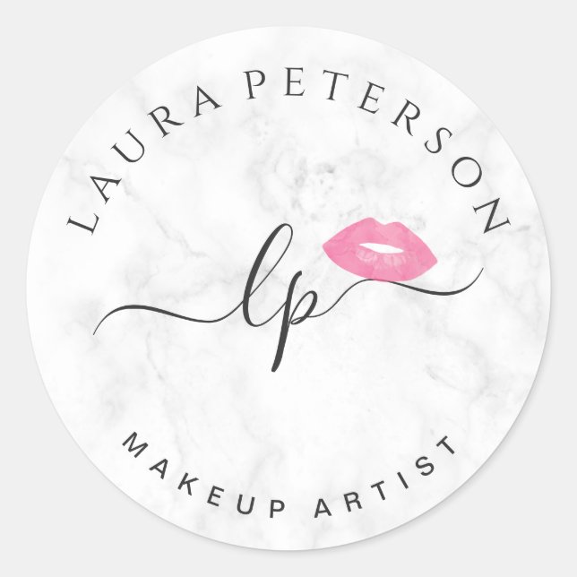 Elegant pink lips handwritten script calligraphy classic round sticker (Front)