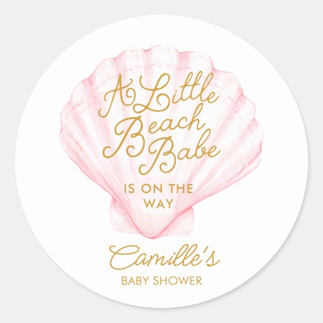 Elegant Pink Little Beach Babe Baby Shower Classic Round Sticker (Front)