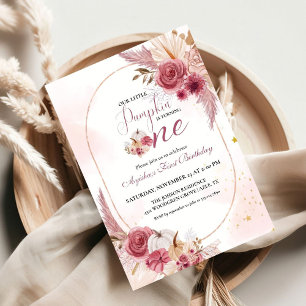 Elegant Pink Little Pumpkin Girl 1st Birthday Invitation