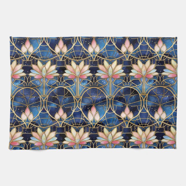 Elegant Pink Lotus Faux Stained Glass Pattern Kitchen Towel (Horizontal)