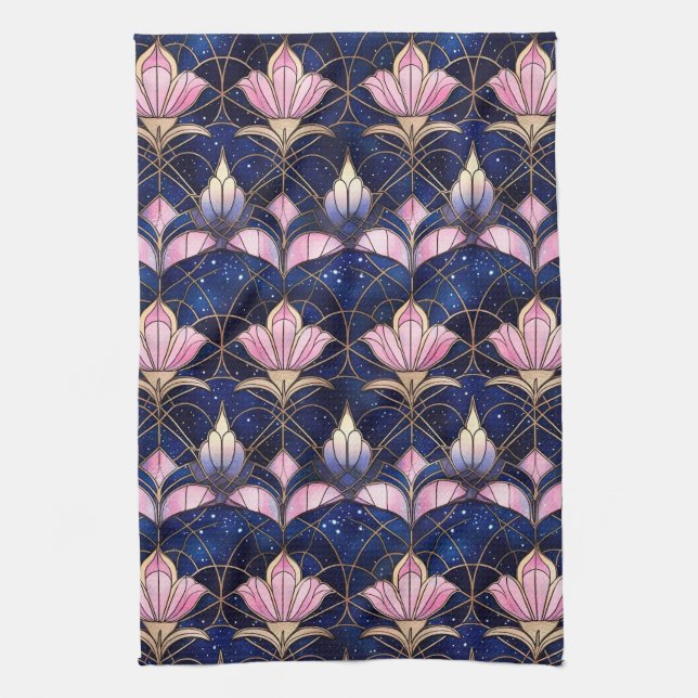 Elegant Pink Lotus Faux Stained Glass Pattern Kitchen Towel (Vertical)