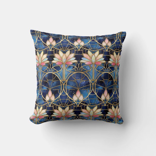 Elegant Pink Lotus Faux Stained Glass Pattern Throw Pillow (Front)