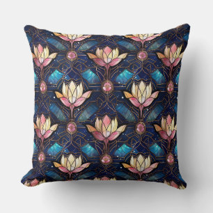 Elegant Pink Lotus Faux Stained Glass Pattern Throw Pillow