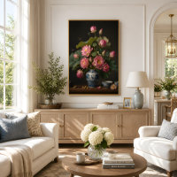 Elegant Pink Lotus Oil Painting in a Blue Vase