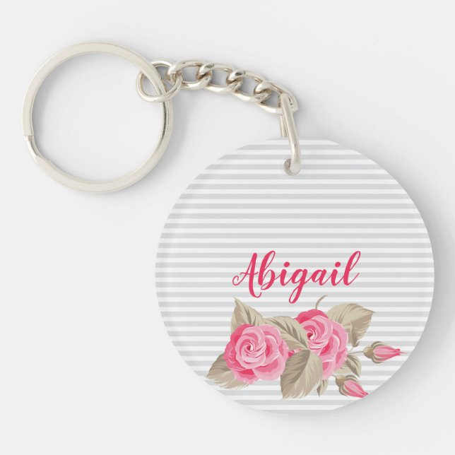 Elegant Pink Lovely & Roses Striped Pattern Keychain (Front)