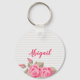 Elegant Pink Lovely & Roses Striped Pattern Keychain