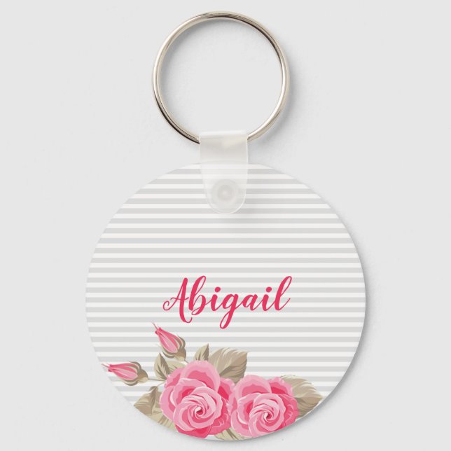 Elegant Pink Lovely & Roses Striped Pattern Keychain (Front)