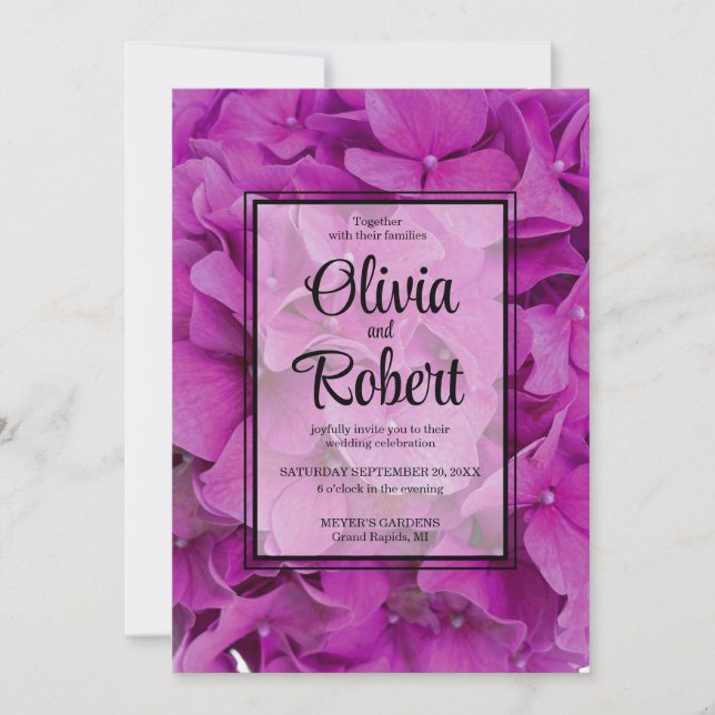 Elegant pink magenta floral hydrangeas roses  invitation (Front)