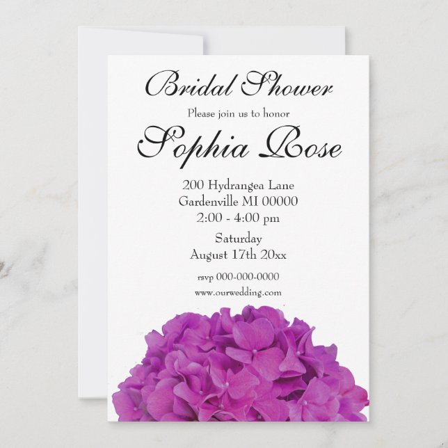 Elegant pink magenta floral hydrangeas roses  invitation (Front)