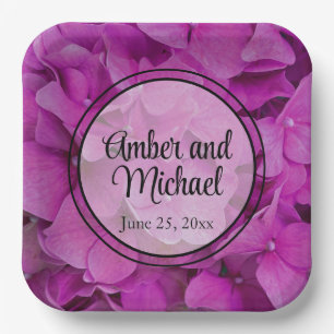 Elegant pink magenta floral hydrangeas roses paper plate
