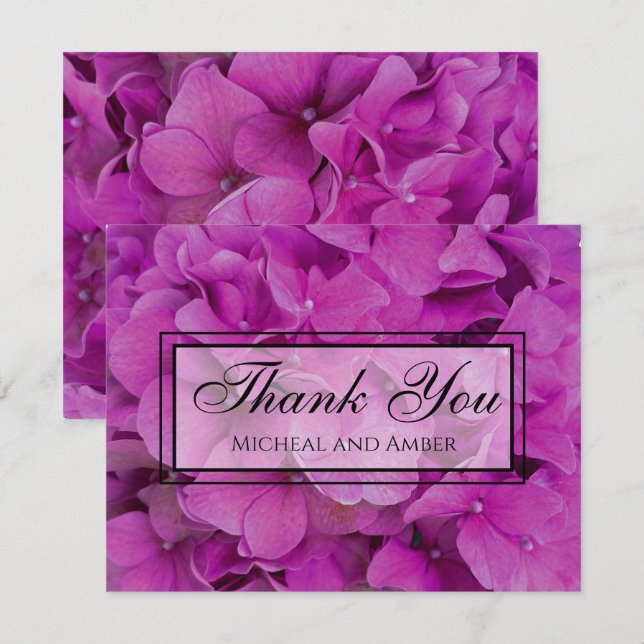 Elegant pink magenta floral hydrangeas roses  thank you card (Front/Back)
