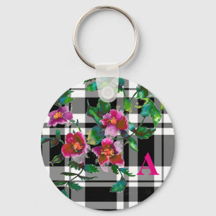 Elegant pink magenta watercolor florals roses keychain