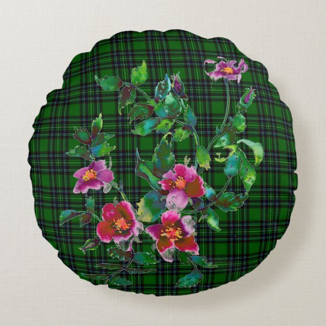 elegant pink magenta watercolor roses green plaid round pillow (Front)