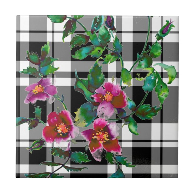 Elegant pink magenta watercolor Roses plaid  Tile (Front)