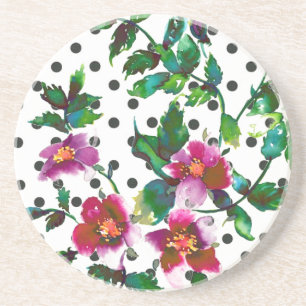 Elegant pink magenta watercolor roses polka dots coaster