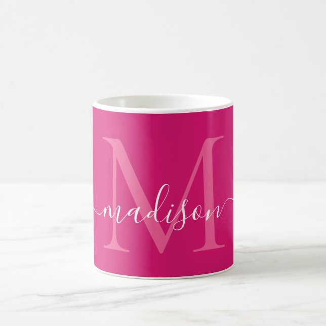 Elegant Pink Magenta White Monogram Script Stylish Coffee Mug (Center)