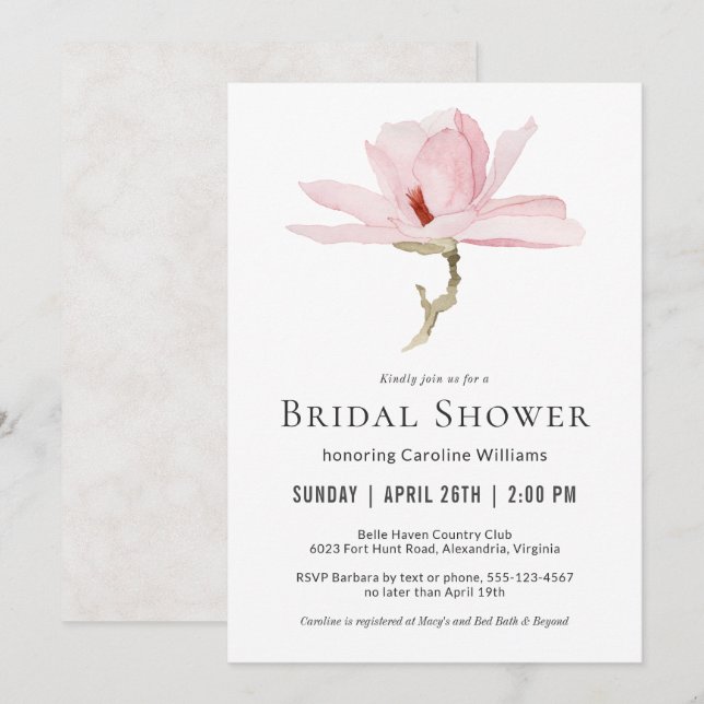 Elegant Pink Magnolia Blossom Bridal Shower Invitation (Front/Back)