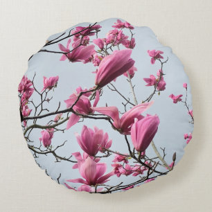 Elegant Pink Magnolia Blossoms Peaceful Hanami Round Pillow
