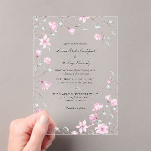 Elegant Pink Magnolia Floral Wedding Acrylic Invitations