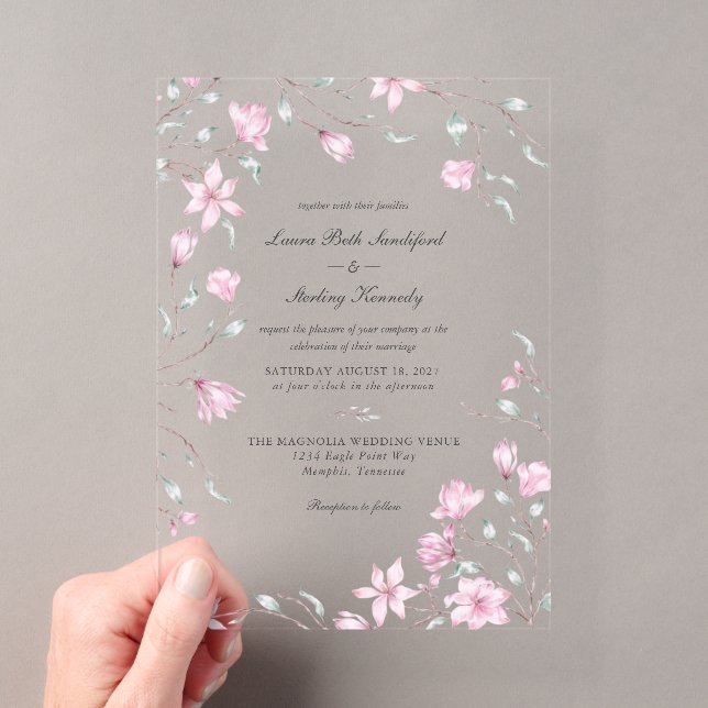 Elegant Pink Magnolia Floral Wedding Acrylic Invitations (Insitu (Handheld))