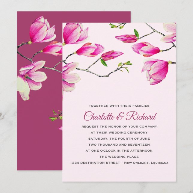 Elegant Pink Magnolia Flowers Wedding Invitation (Front/Back)