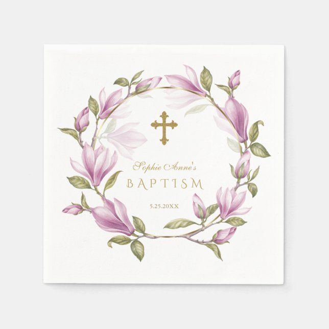 Elegant Pink Magnolia Flowers Wreath Gold Baptism Napkin (Front)