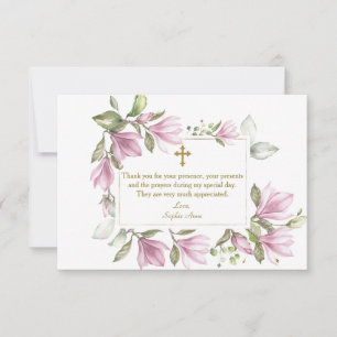 Elegant Pink Magnolia Flowers Wreath Gold Baptism Thank You Card