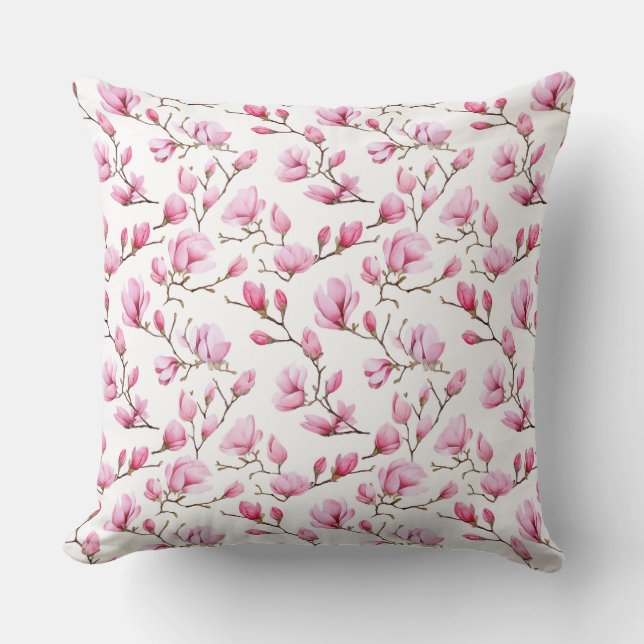 Elegant pink magnolia pattern throw pillow (Front)