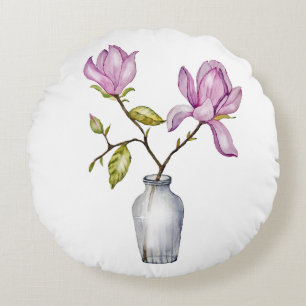 Elegant Pink Magnolia Watercolor in Glass Vase Round Pillow