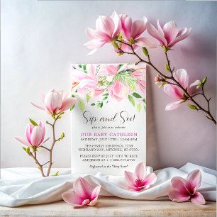 Elegant Pink Magnolia Watercolor Sip and See Invitation