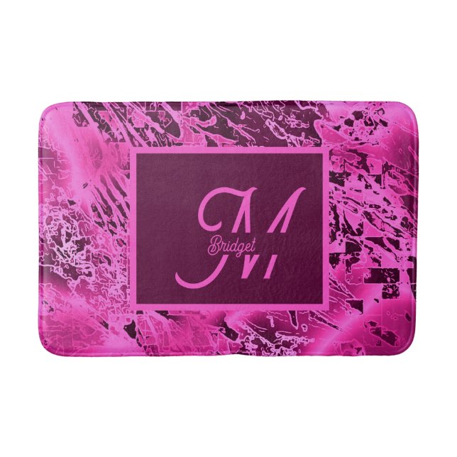 Elegant Pink Marble bold Monogram Typography Bath Mat (Front)